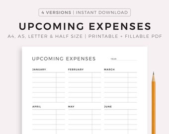 Upcoming Expenses Printable, Yearly Spending Overview, Budget Plan, A4/A5/Letter/Half Size, Instant Download PDF