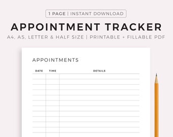 Simple Appointment Tracker Printable, Appointment Reminder, Meeting Tracker, A4/A5/Letter/Half Size, Instant Download PDF