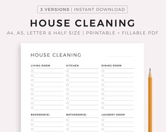 House Cleaning Checklist - Living Room, Kitchen, Bedroom, Bathroom, Laundry Room, Garage, ect.. A4/A5/Letter/Half Size, Instant Download PDF