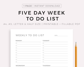 Five Day Week To Do List Printable, Minimal Weekly Planner Template, Student/Teacher Planner, Work/Office Planner, Week At a Glance