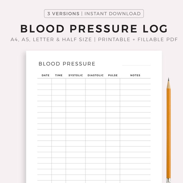 Druckvorlage für das Blutdruckprotokoll, Tägliche Blutdruckerfassung, Blutdruckkarte, medizinischer Tracker, A4/A5/Letter/Half Size