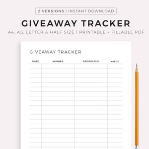 Giveaway Tracker Printable, Business Giveaway, Social Media Influencer Giveaway, Giveaway Log, A4/A5/Letter/Half, Instant Download PDF