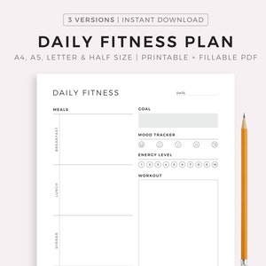 Daily Fitness Planner Printable, Workout Planner, Meal Planner, Energy Level, Vitamin Intake, Mood Tracker, A4/A5/Letter/Half Size