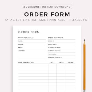 Fillable Order Form Template Printable, Order Form For Small Business, Purchase Order Form, A4/A5/Letter/Half, Instant Download PDF