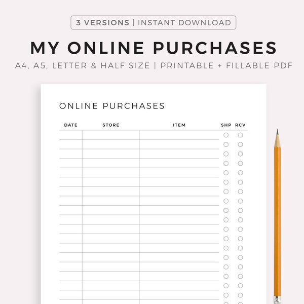 Printable Online Purchases Tracker, Order Tracker Template, Shopping List, Items to Buy, A4/A5/Letter/Half Size, Instant Download PDF