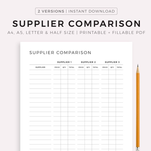 Supplier Comparison Sheet Printable & Fillable, Compare Suppliers for Small Business, Product Supplier Cost Comparison, Instant Dowload PDF
