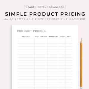 Calculadora de preços de produtos, planilha de preços de itens, custos comerciais, planejador de pequenas empresas, A4/A5/carta/meio período