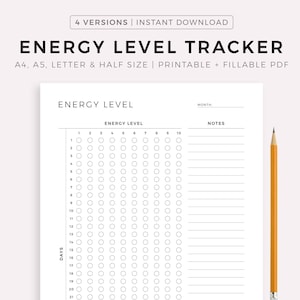 Monitor de energía diario imprimible, seguimiento mensual de energía, plantilla de salud, tamaño A4/A5/Carta/Media página, descarga instantánea