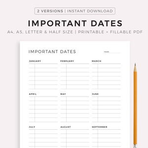 Yearly Important Dates Printable - Birthdays, Anniversaries, Travels, Parties, Doctor Appointments, Car Maintenance, ect, A4/A5/Letter/Half