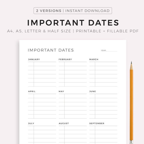 Yearly Important Dates Printable - Birthdays, Anniversaries, Travels, Parties, Doctor Appointments, Car Maintenance, ect, A4/A5/Letter/Half