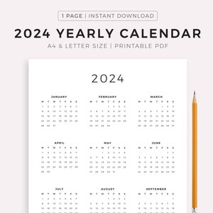 2024 Year Calendar Printable, Yearly Wall Calendar, Desk Calendar, Sunday & Monday Start, Minimalist Calendar, A4/Letter, Vertical