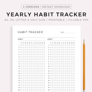 Seguimiento de hábitos anual en una sola página, plantilla de seguimiento de hábitos, seguimiento de rutinas, reto de hábitos, tamaño A4/A5/Carta/Media página, descarga instantánea