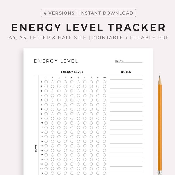 Daily Energy Level Tracker Printable, Track Monthly Energy Levels, Health Template, A4/A5/Letter/Half, Instant Download