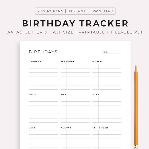 Birthday Tracker Printable Template, Birthday Calendar, Birthday Reminder, Birthday Planner, A4/A5/Letter/Half Size, Instant Download PDF