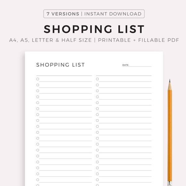 Druckbare Einkaufsliste Vorlage, To Buy Liste, Artikel Checkliste, Einkaufsplan, A4/A5/Letter/Half Size, sofortiger Download PDF