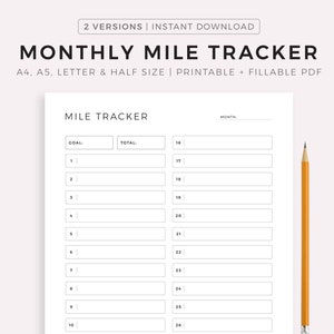 Monthly Mile Tracker Printable, Running Tracker, Walking Tracker, Workout Planner, Health & Fitness Goals, A4/A5/Letter/Half Size