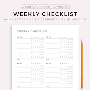 Lista de verificação semanal para impressão e preenchimento, lista de tarefas semanais, modelo de lista de tarefas, inserções de planejador, A4/A5/carta/meio, download instantâneo em PDF