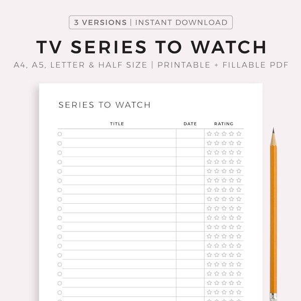 TV Series to Watch List Printable, TV Show List, Season and Episode Tracker Template, A4/A5/Letter/Half Size, Instant Download PDF