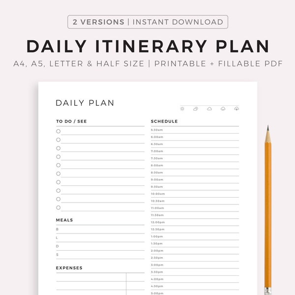 Daily Itinerary Planner, Vacation Day Planner, Travel Schedule, Daily Trip Itinerary, Travel Planning, A4/A5/Letter/Half, Instant Download