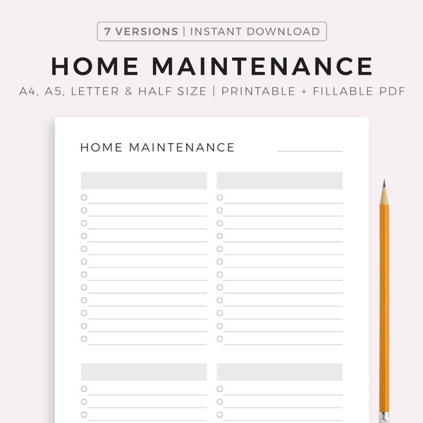 Home Maintenance Checklist, House Repairs, Cleaning, Chore List, Household Management, A4/A5/Letter/Half Size, Instant Download PDF