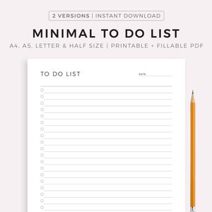 Minimal To Do List Printable, Simple Tasks List Template, Productivity Planner, A4/A5/Letter/Half, Printable & Fillable PDF