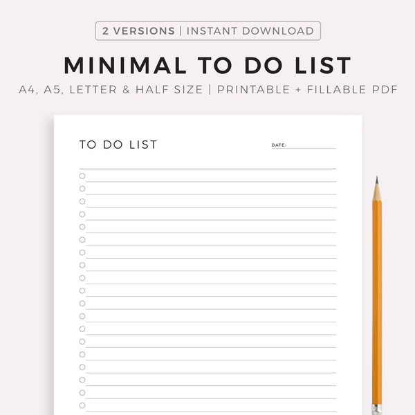 Minimal To Do Liste Druckbare, einfache Aufgaben Listen Vorlage, Produktivität Planer, A4/A5/Letter/Half, druckbar & füllbar PDF