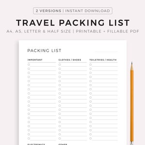 Lista de bagagem de viagem para impressão - Documentos de viagem, eletrônicos, roupas e sapatos, acessórios, artigos de higiene pessoal/saúde, etc.