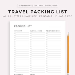 Printable Travel Packing List - Travel Documents, Electronics, Clothes and Shoes, Accessories, Toiletries / Health, ect..