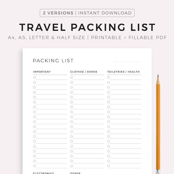 Printable Travel Packing List - Travel Documents, Electronics, Clothes and Shoes, Accessories, Toiletries / Health, ect..