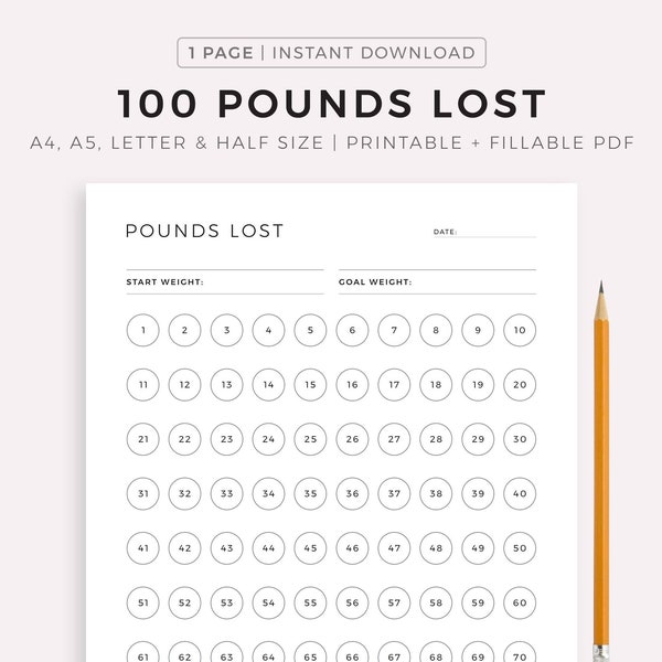 100 Pounds Lost Weight Tracker Printable, Weight Loss Tracker, Weight Loss Journal, Weight Goal, A4/A5/Letter/Half, Instant Download PDF