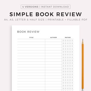 Plantilla imprimible de reseña de libro sencilla, registro y reseña, calificación de libros, insertos para amantes de la lectura, tamaño A4/A5/carta/medio PDF de descarga instantánea.