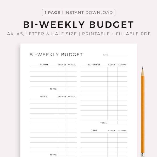 Bi-Weekly Budget Planner Printable & Fillable, Budget Template PDF, Budget by Paycheck, Budget Tracker, A4/A5/Letter/Half, Instant Download