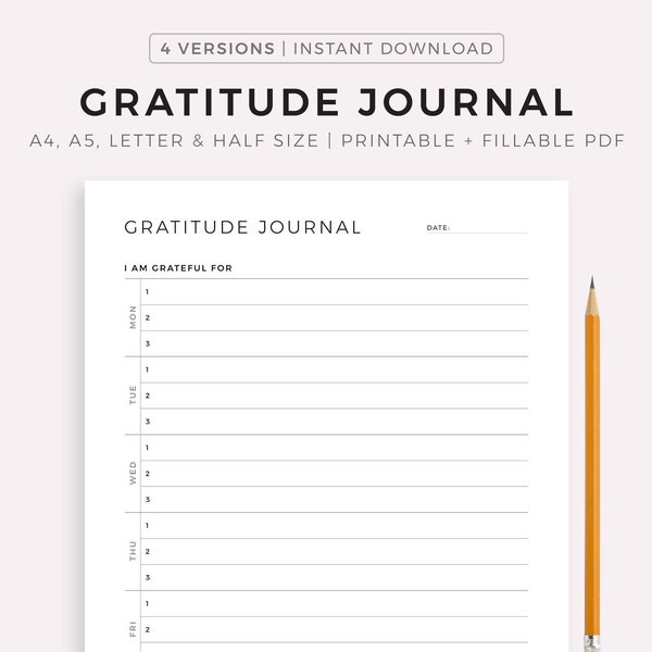 Weekly Gratitude Journal Printable Template, Thankfulness Journal, Gratitude Diary, Daily Gratitude Log, A4/A5/Letter/Half, Instant Download
