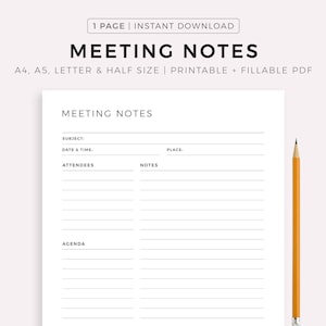 Meeting Notes Template Printable, Meeting Minutes, Meeting Agenda, Business Note Taking, A4/A5/Letter/Half, Instant Download PDF