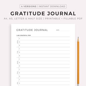Plantilla imprimible de diario de gratitud semanal, diario de agradecimiento, registro diario de gratitud, tamaño A4/A5/carta/media página, descarga instantánea