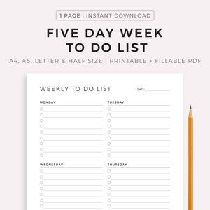 Lista de tareas imprimible para una semana de cinco días, plantilla de planificador semanal minimalista, planificador para estudiantes y profesores, planificador de trabajo y oficina, resumen semanal.