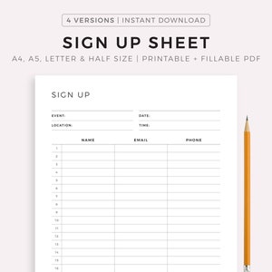 Fillable Sign Up Sheet Printable - Event Sign Up, Customer Sign Up, Email Sign Up, Contact Information, A4/A5/Letter/Half, Instant Download