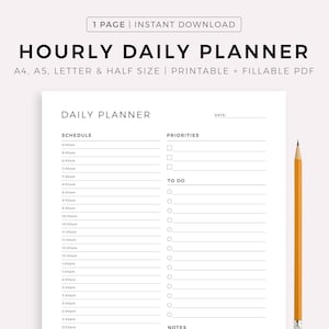 Hourly Daily Planner Printable, Daily To Do List, Undated Planner Inserts, Hourly Schedule, A5/Half Size/A4/Letter