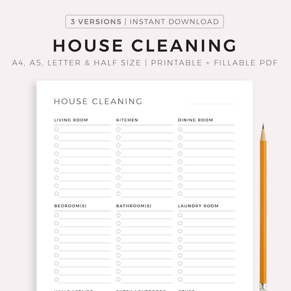 House Cleaning Checklist - Living Room, Kitchen, Bedroom, Bathroom, Laundry Room, Garage, ect.. A4/A5/Letter/Half Size, Instant Download PDF