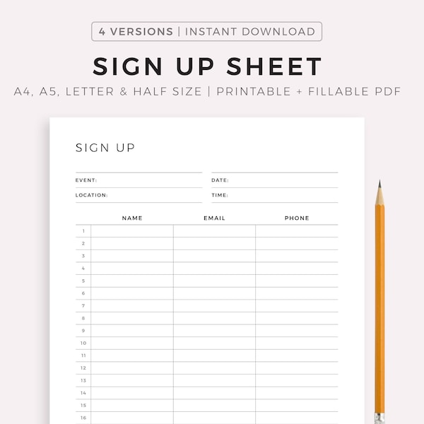 Fillable Sign Up Sheet Printable - Event Sign Up, Customer Sign Up, Email Sign Up, Contact Information, A4/A5/Letter/Half, Instant Download