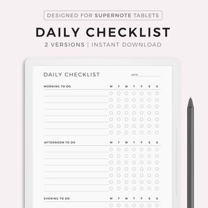 May include: A black and white daily checklist printable for Supernote tablets. The checklist is divided into three sections: Morning to Do, Afternoon to Do, and Evening to Do. Each section has a grid of checkboxes for each day of the week.