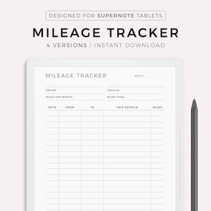 May include: A printable mileage tracker for Supernote tablets. The tracker includes sections for driver, vehicle, miles this month, date, from, to, trip details, and miles. The tracker is designed for use with a stylus.