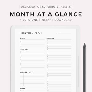 May include: A black and white monthly planner template designed for Supernote tablets. The template includes sections for goals, to-do list, schedule, important dates, money, and notes.