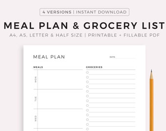 Wekelijkse maaltijdplanner met afdrukbare boodschappenlijst sjabloon, 7-daags menuplan, voedselplanner, gezondheid en fitness, A4 / A5 / brief / half