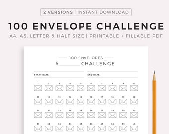 100 Envelope Challenge Printable, Money Saving Challenge, Savings Trackers, Finance Planner, A4/A5/Letter/Half, Instant Download PDF