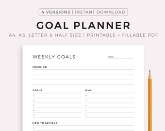 Goal Planner - Weekly Goals, Monthly Goals, Quarterly Goals, Yearly Goals, A4/A5/Letter/Half, Printable & Fillable PDF, Instant Download