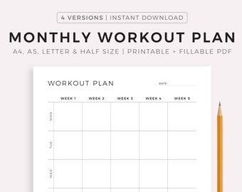 Monthly Workout Planner Printable, 30 Days Fitness Planner, Exercise Planner, Workout Journal A4/A5/Letter/Half Size, Instant Download