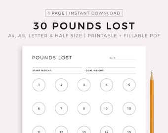 30 Pounds Lost Weight Tracker Printable, Weight Loss Tracker, Weight Loss Journal, Weight Goal, A4/A5/Letter/Half, Instant Download PDF