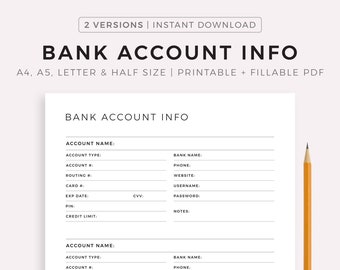Bank Account Information Fillable Printable PDF Finance - Etsy