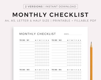 Monthly Checklist Printable & Fillable, Monthly To Do List Template, Task List, Planner Inserts, A4/A5/Letter/Half, Instant Download PDF